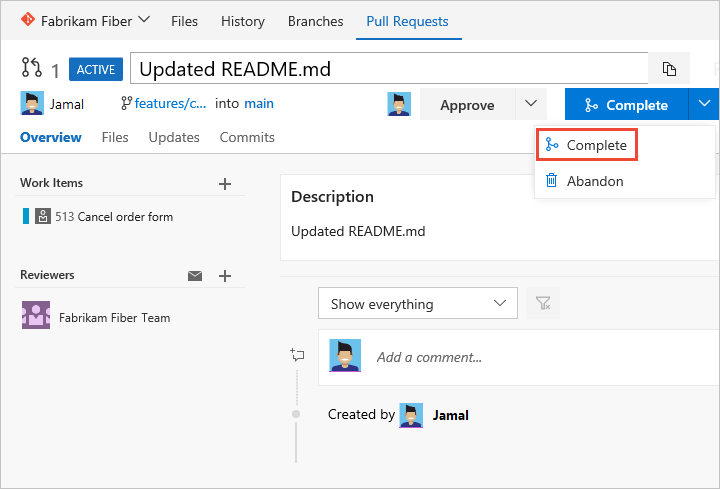 Capture d’écran montrant la page Pull Request, Create pull request.