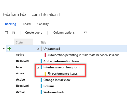 Capture d’écran d’un backlog de sprint avec tâche de nœud terminal.