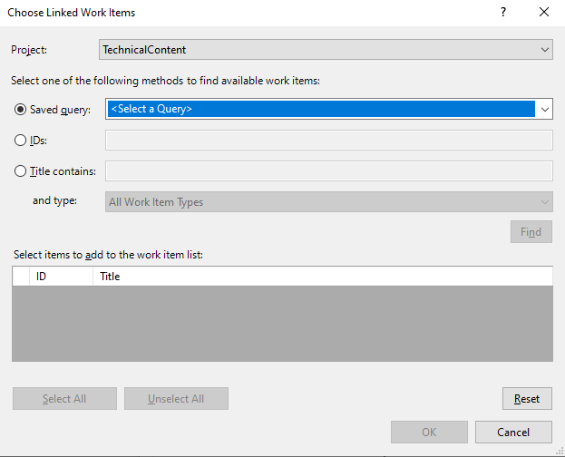 Capture d’écran de la boîte de dialogue Choose Linked Work Items (Choisir des éléments de travail liés).