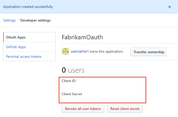 Capture d’écran de l’ID client et du secret client pour votre application OAuth enregistrée.