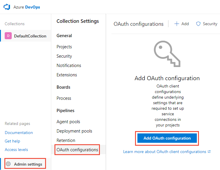 Capture d’écran montrant la séquence d’étapes pour ajouter une configuration OAuth.