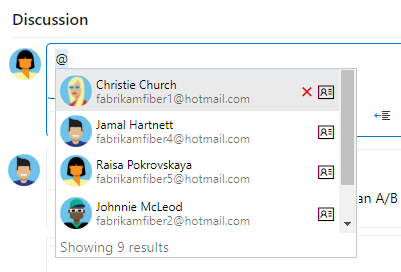 Capture d’écran de la section Discussion, sélecteur de personnes du menu déroulant @Mention.