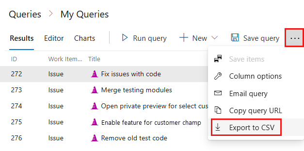 Capture d’écran montrant les éléments de travail d’une requête avec l’option Exporter vers CSV sélectionnée.