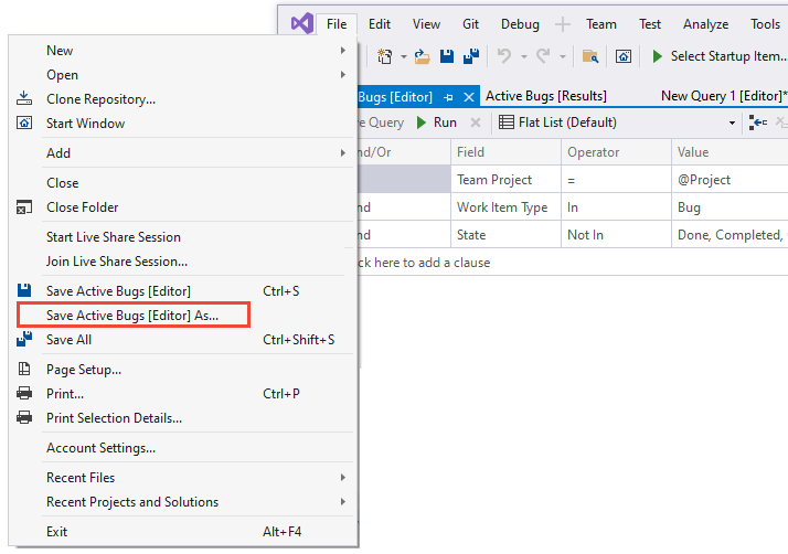 Capture d’écran de Visual Studio > menu Fichier sélection « Enregistrer la requête sous ».