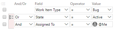 Capture d’écran montrant une requête de clause de groupe. Les filtres sont configurés pour le champ Type d’élément de travail ou à la fois le champ État et le champ Affecté à.