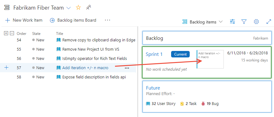 Tableaux>Backlogs>Glisser-déplacer des éléments sur sprint