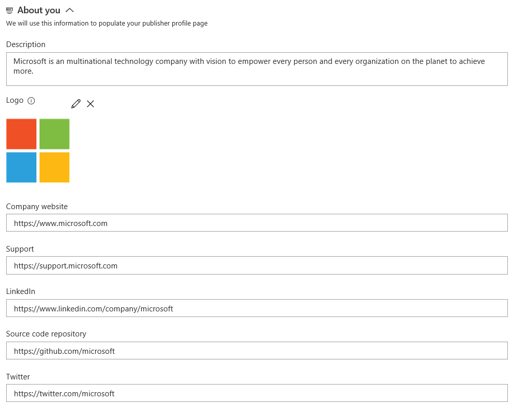 Capture d’écran de la section sur vous pour les éditeurs Microsoft.