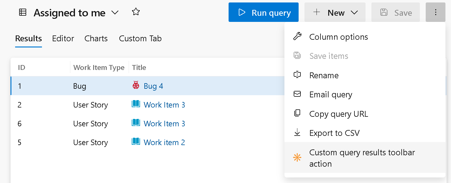 Action de menu de barre d’outils personnalisée résultats de requête