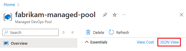 Capture d’écran du bouton Affichage JSON dans la vue d’ensemble du pool.