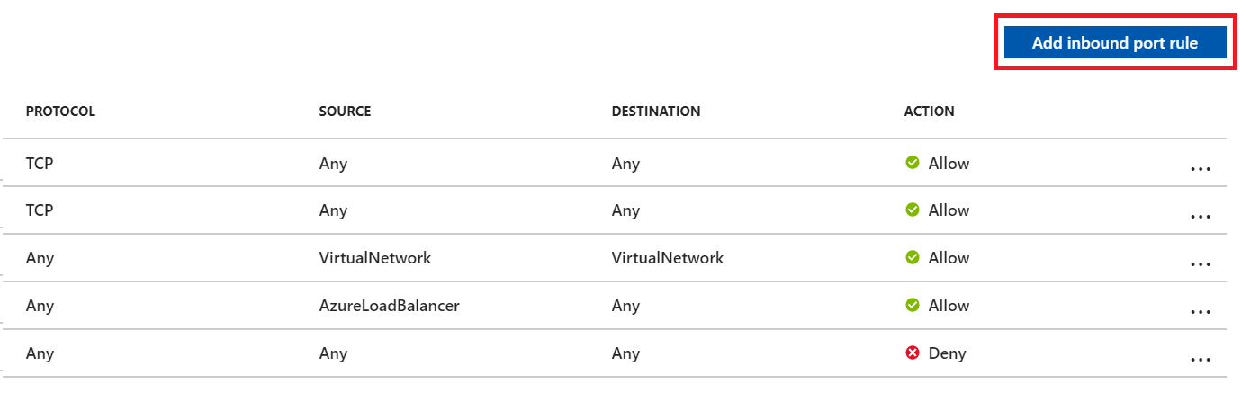 Capture d’écran du bouton Ajouter une règle de port entrant sur votre page d’interface réseau de machine virtuelle SQL Azure.