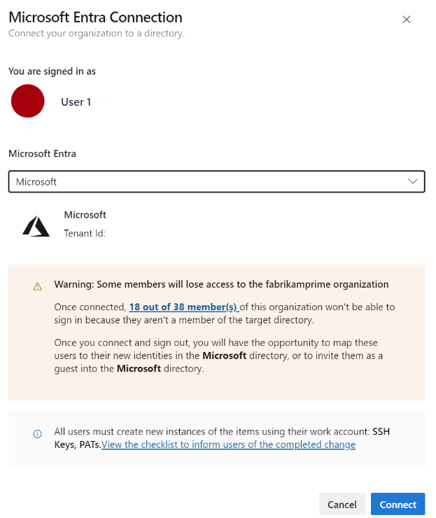 Capture d’écran montrant l’avertissement de connexion Microsoft Entra.