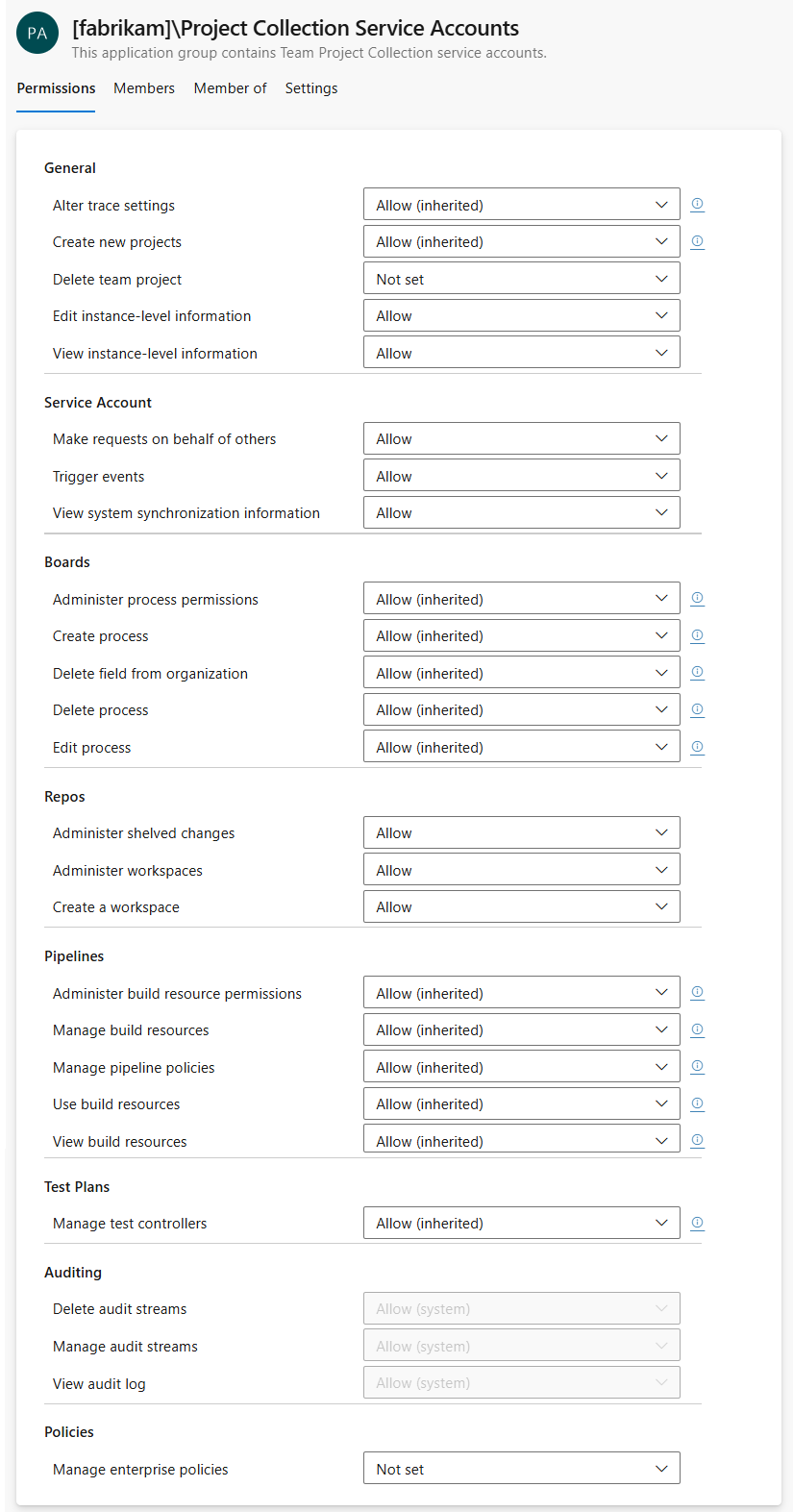 Capture d’écran des autorisations et groupes au niveau de l’organisation, Azure DevOps Services.