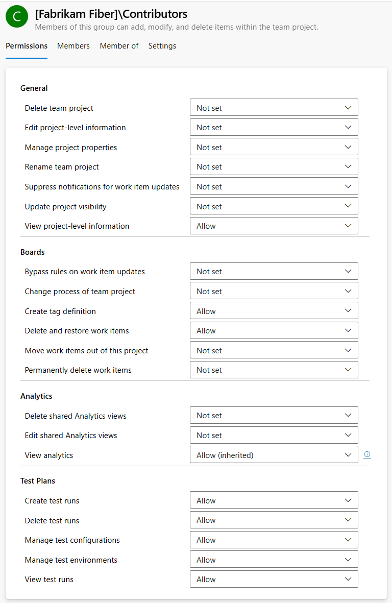 Capture d’écran de la boîte de dialogue Autorisations au niveau du projet, page d’aperçu d’Azure DevOps Services.