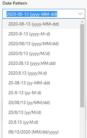 Capture d’écran montrant les options de liste déroulante Modèle de date dans le volet Heure et paramètres régionaux.