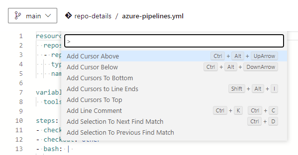 Palette de commandes de l’éditeur de pipeline YAML.