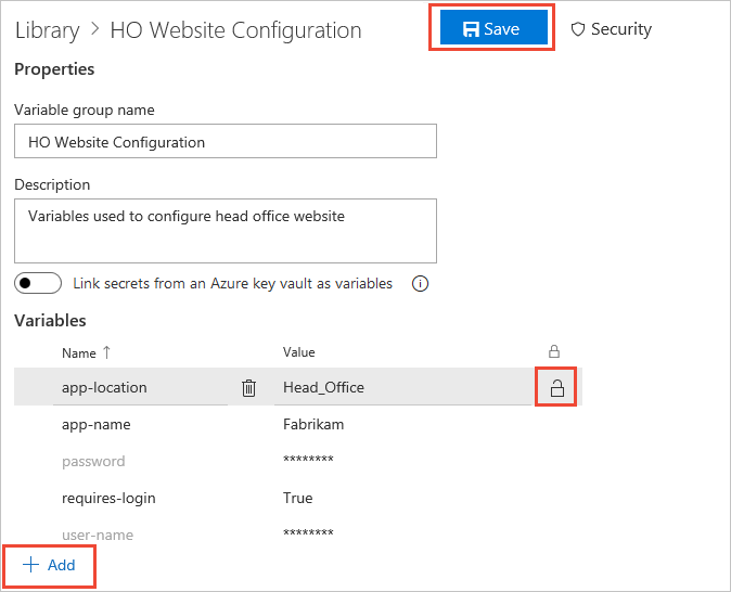 Capture d'écran de la configuration et de l'enregistrement d'un groupe de variables.