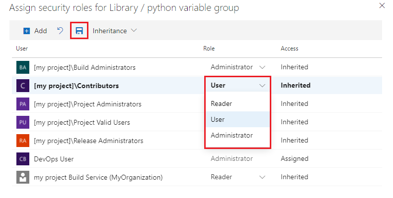 Capture d'écran de la boîte de dialogue des permissions pour les groupes de variables.