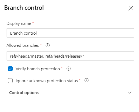 Configuration de la vérification Contrôle des branches.