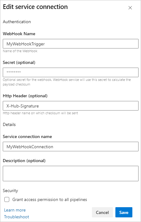 Capture d’écran montrant la connexion de service webhook entrant.