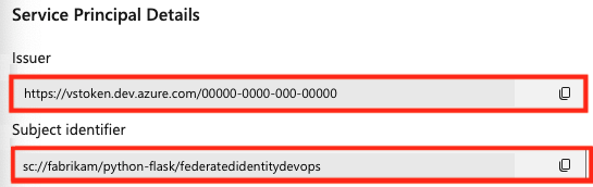 Capture d'écran montrant les informations d'identification DevOps pour l'authentification fédérée.