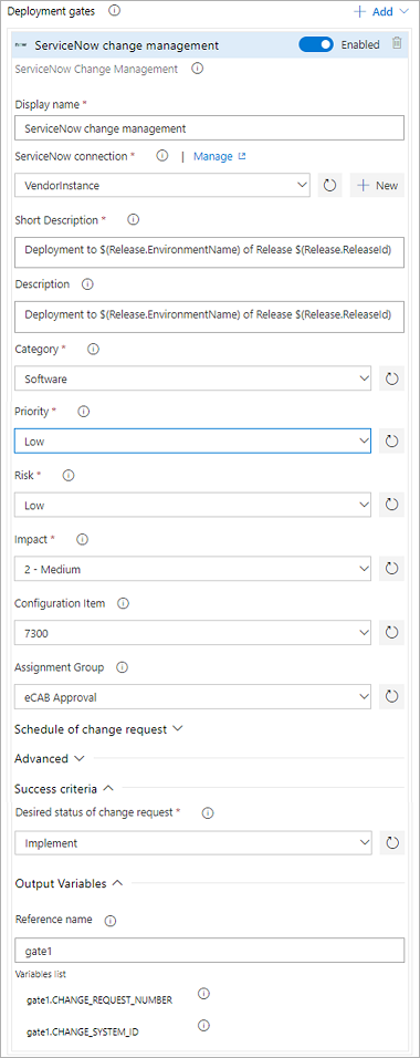 Une capture d’écran montrant comment configurer la porte de Change Management de ServiceNow.