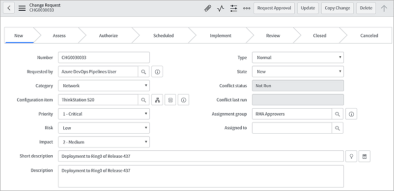 Une capture d’écran montrant une nouvelle demande de modification dans ServiceNow.