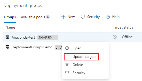 Capture d’écran montrant comment mettre à jour des cibles dans des groupes de déploiement.