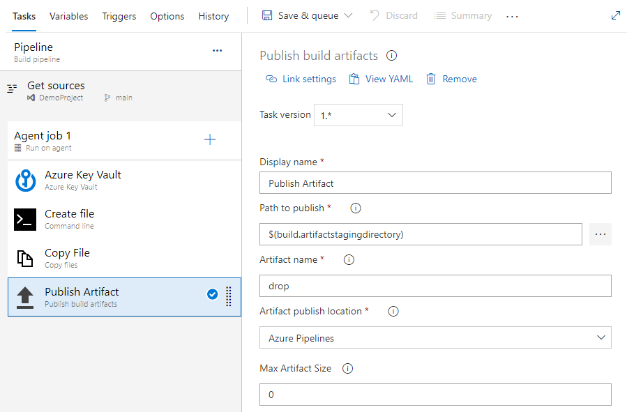 Capture d’écran montrant comment configurer la publication des artefacts dans des pipelines classiques.