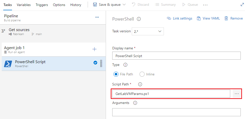 Capture d'écran de la configuration du chemin d'accès au script de la tâche PowerShell.