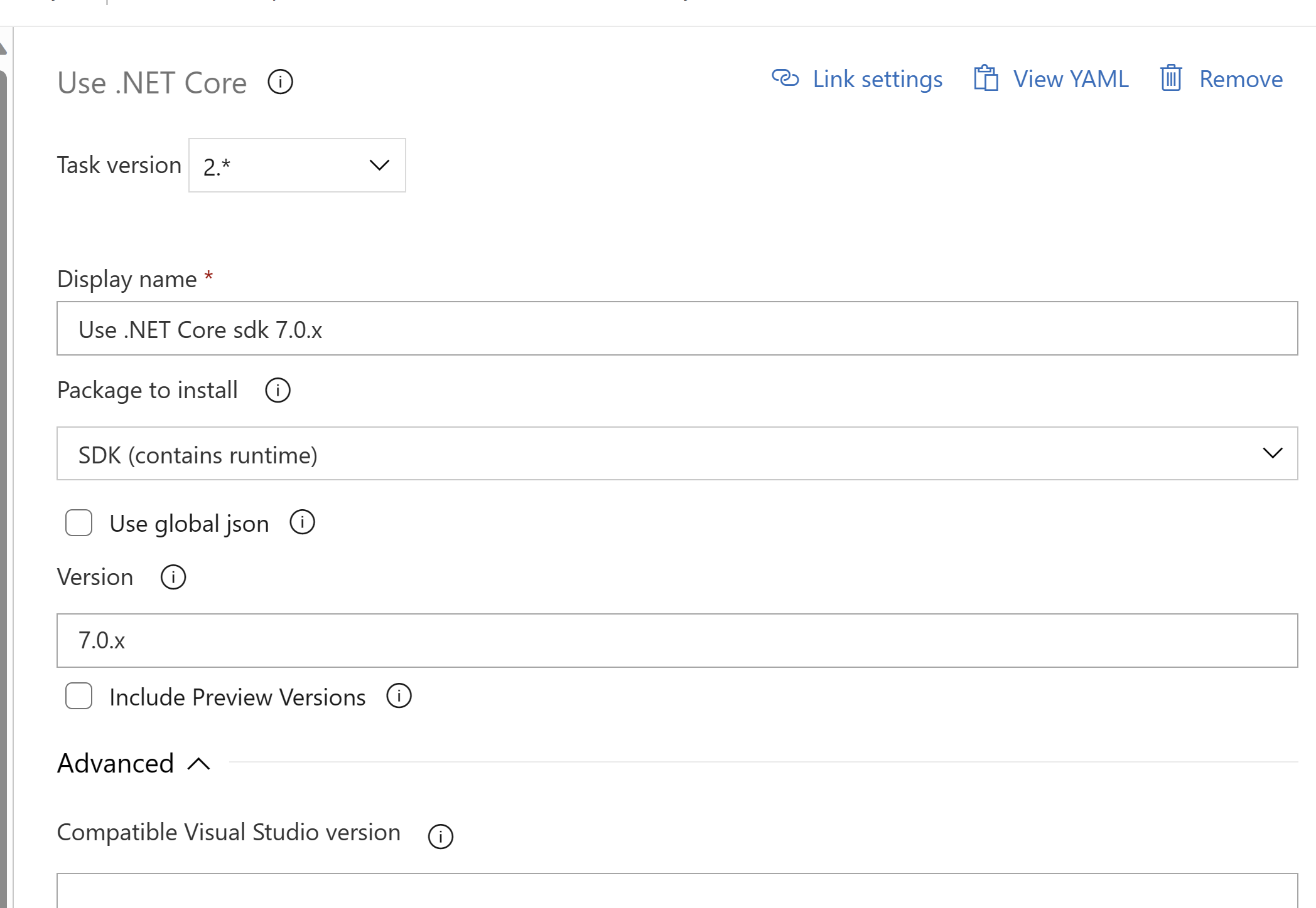 Capture d’écran montrant la tâche du Kit de développement logiciel (SDK) .Net Core dans le pipeline.