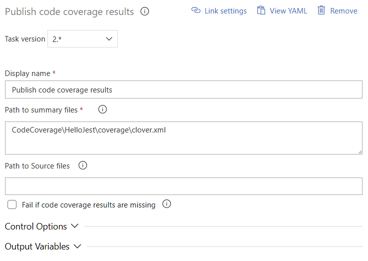 montrant la tâche Publier les résultats de la couverture du code v2