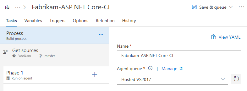 Option d’agent hébergé par défaut dans build