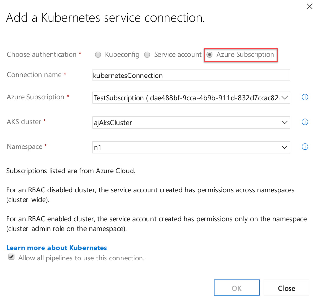 Nouvelle option d’abonnement Azure dans la connexion au service Kubernetes.