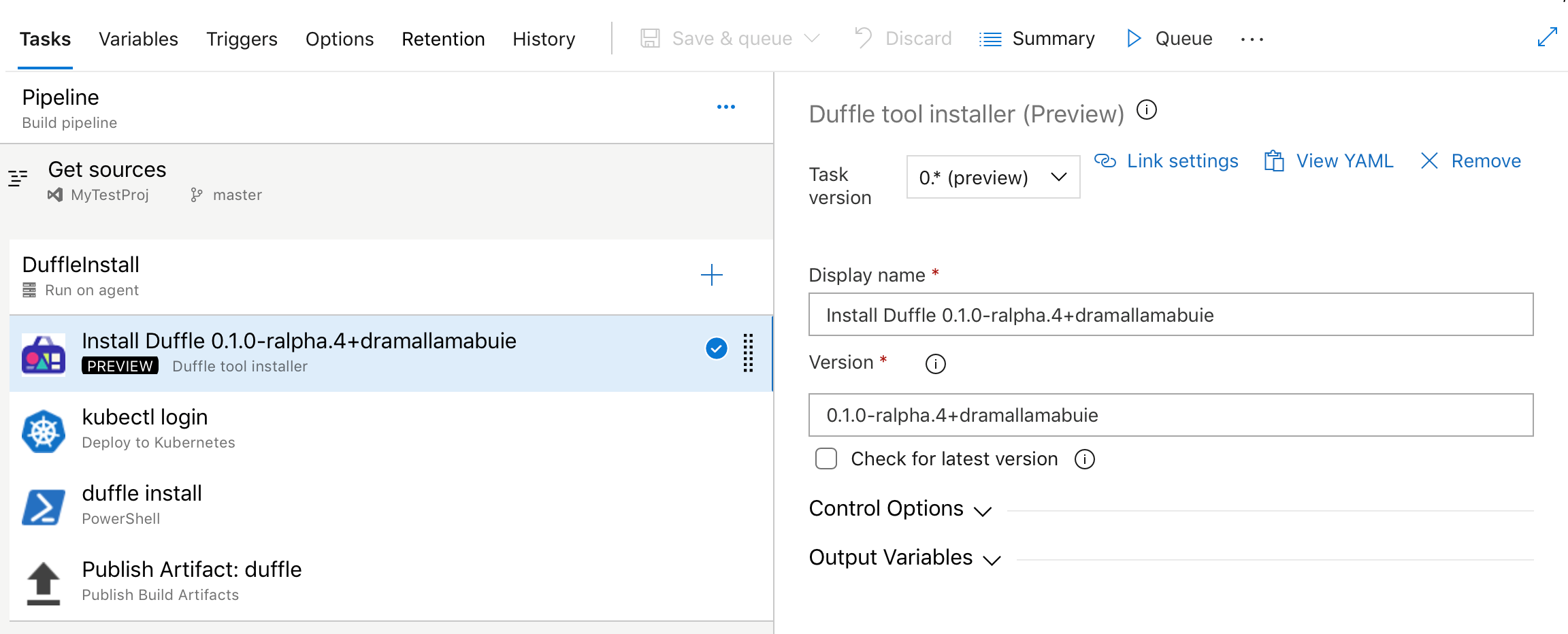 Tâche du programme d’installation de l’outil Duffle dans le pipeline de build et de mise en production.