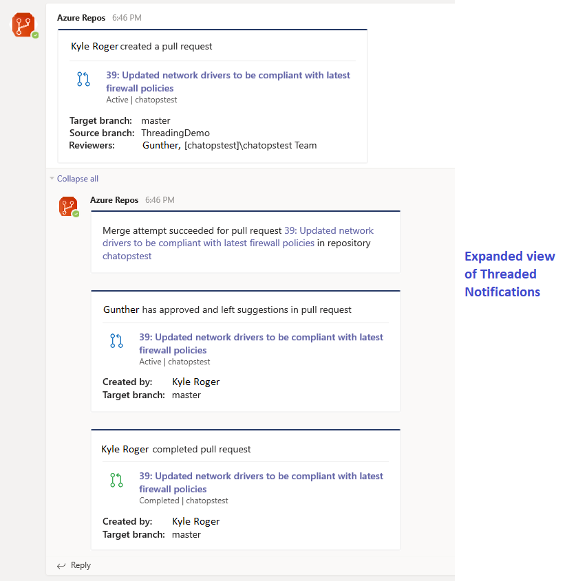 Notifications liées à la demande de tirage (pull request) dans l’application Azure Repos.