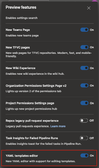 Activer l’éditeur de modèles YAML dans les fonctionnalités en préversion