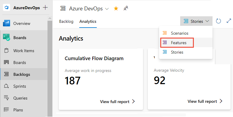 Sélectionner le niveau du backlog de produit, éléments de backlog, récits ou exigences