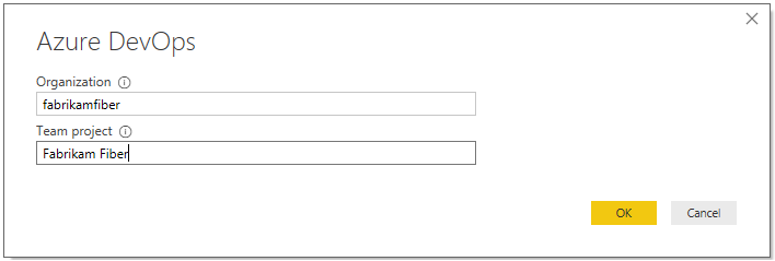 Boîte de dialogue permettant d’entrer le nom de l’organisation et du projet Azure DevOps.