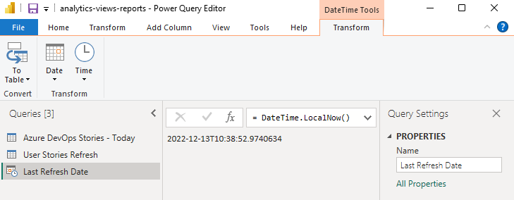 Capture d’écran de Éditeur Power Query, formule de la requête DateTime.LocalNow pour la dernière date d’actualisation.