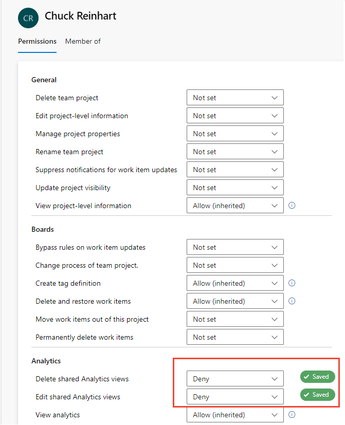 Capture d’écran des autorisations au niveau du projet utilisateur, autorisations Analytics modifiées.