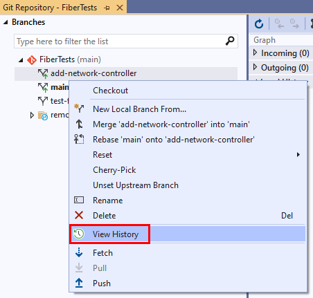 Capture d'écran de l'option Afficher l'historique dans la vue Branches de la fenêtre Référentiel Git dans Visual Studio.