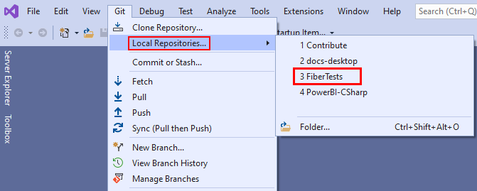 Capture d’écran de l’option   Référentiels locaux » dans le menu Git dans Visual Studio.