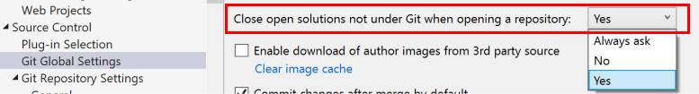 Capture d'écran affichant le paramètre Fermer les solutions ouvertes en dehors de Git lors de l'ouverture d'un référentiel figurant dans la boîte de dialogue Options de Visual Studio.