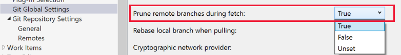 Capture d'écran du paramètre Réduire les branches distantes lors de la récupération dans les paramètres globaux de Git de la boîte de dialogue Options de Visual Studio.