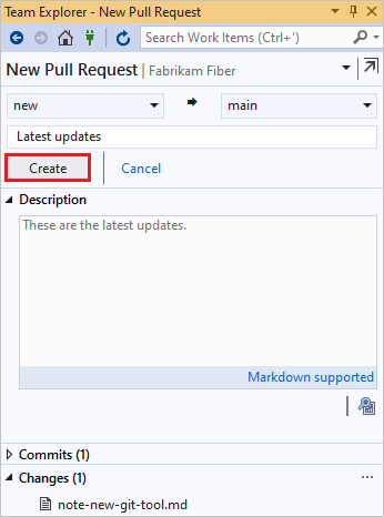 Capture d’écran de la création d’une R P dans Visual Studio Team Explorer.