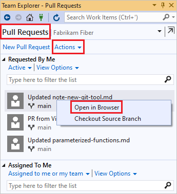 Capture d’écran de la liste P R dans Visual Studio Team Explorer.