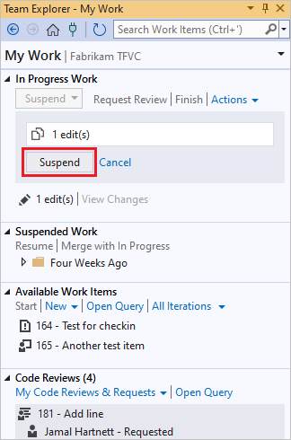 Capture d’écran du lien Suspendre sur la page Mon travail de Team Explorer.