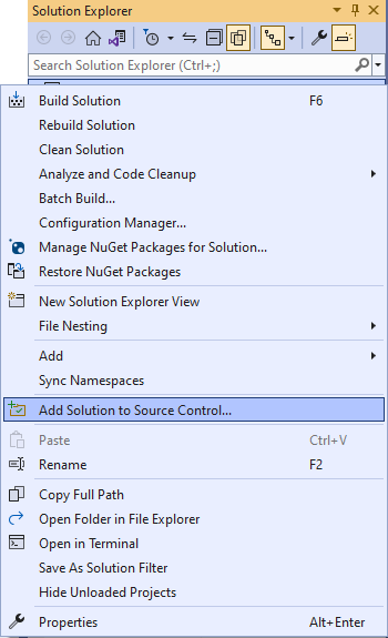 Capture d'écran de l'ajout de votre solution au contrôle de source.