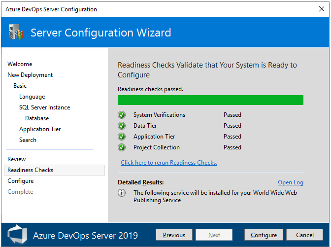 Capture d’écran de la page Configurer le démarrage, Azure DevOps Server 2019.