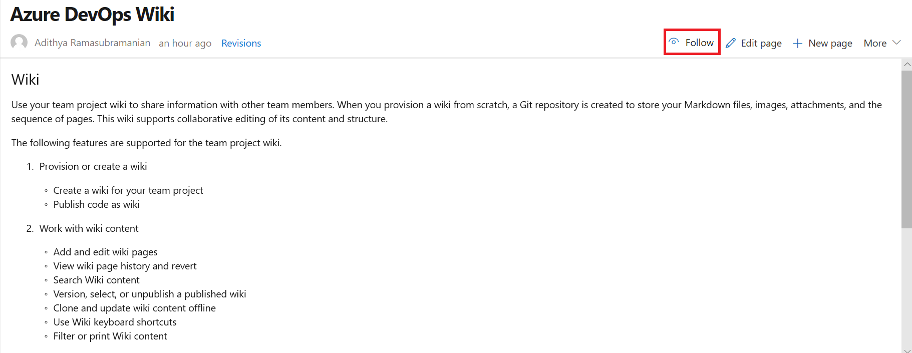 Capture d’écran d’une page Wiki Azure DevOps avec l’option Suivre appelée.